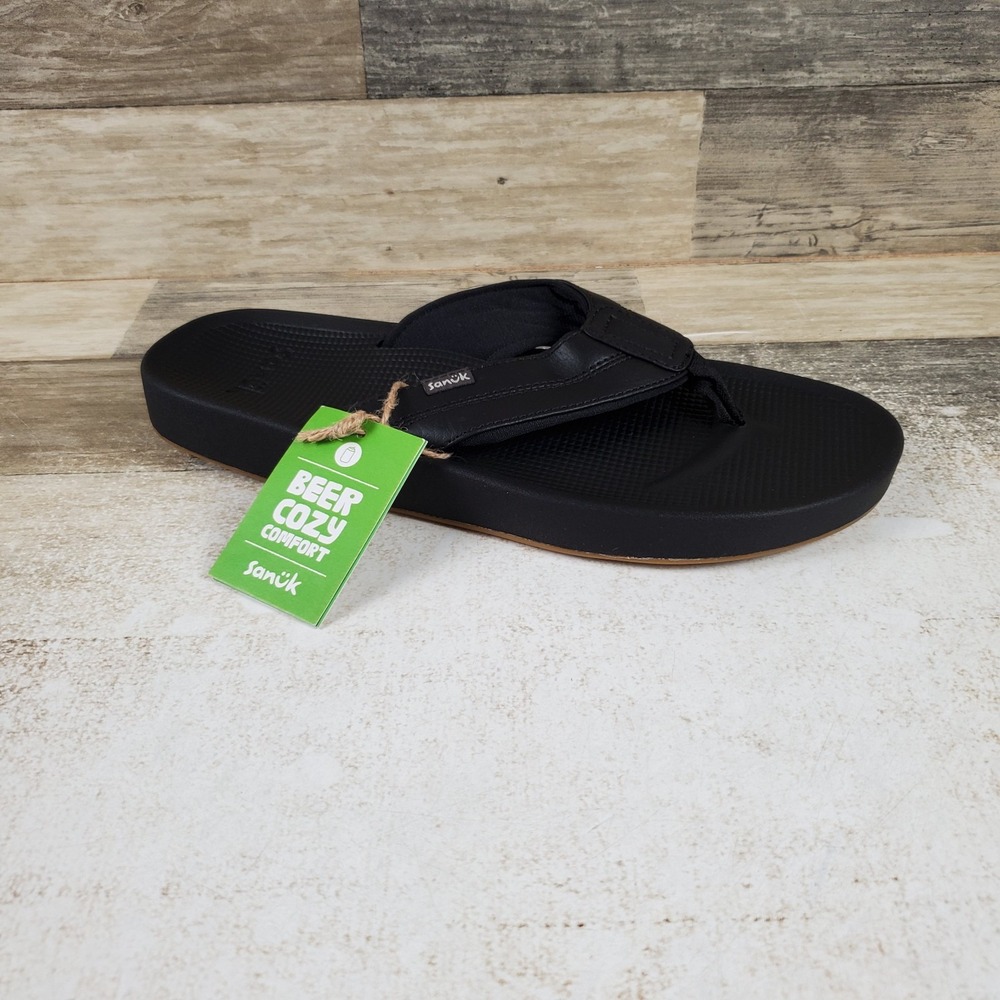 Sanuk Cosmic Yoga Mat Mens Sandals Sz 7 D Black Leather Comfort Slip On Thong